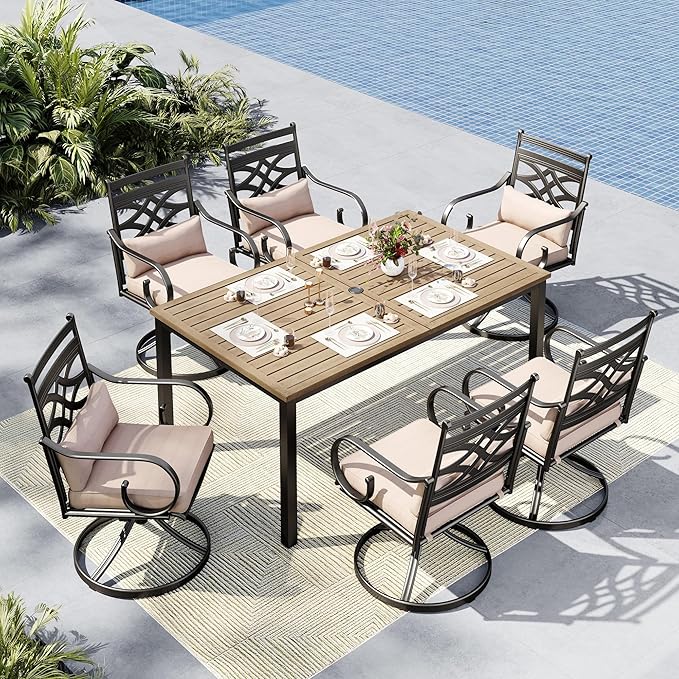 MFSTUDIO Patio Dining Sets for 6, Patio Table and Chairs Set with Umbrella Hole, 7 Piece Outdoor Patio Furniture Set for Deck Backyard Garden, Outdoor Dining Set for 6 with Swivel Chairs