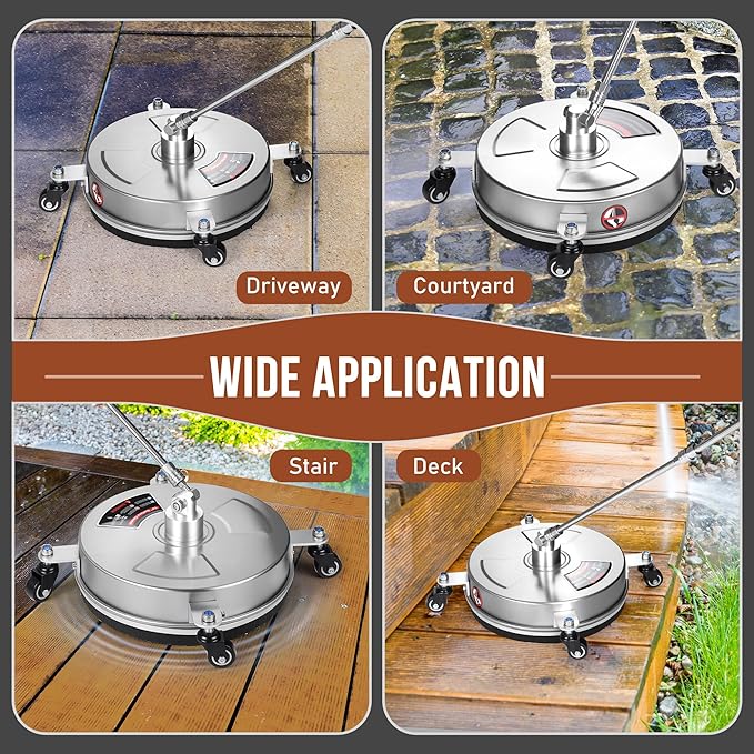 14" Pressure Washer Surface Cleaner with Wheels, 4000PSI Stainless Steel Surface Cleaner with 1/4" Quick Plug and 2 Extension Wands, for Patio Sidewalks, Deck, Porch Cleaning