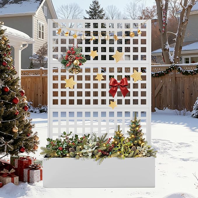 FENCY Metal Raised Garden Bed with Trellis, Metal Planter Box with Trellis, Garden Box for Climbing Plants Vegetable, 47''Lx16''Wx71''H Garden Bed with Drainage Holes(White)
