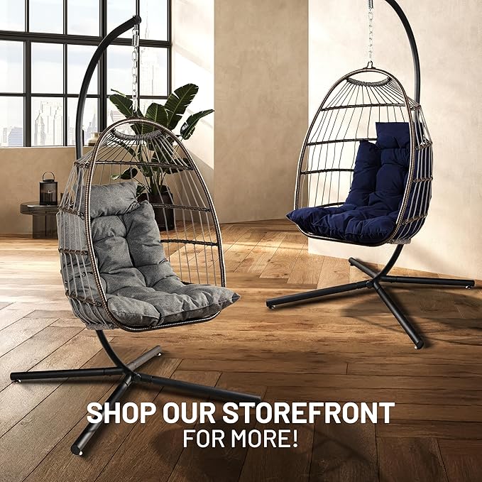 SereneLife Foldable Deep Blue Egg Chair with Stand Outdoor Indoor Rattan Wicker Hanging Swing Hammock with Waterproof Cushion and Headrest Heavy Duty Comfortable Sensory Seat for Patio Porch Garden