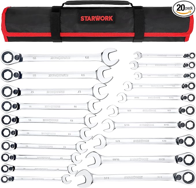 STARWORK TRUE MECHANIC™ 20 Pc. Reversible Ratcheting Combination Wrench Set, Non-Slip, Long Pattern, SAE, Metric, Professional, With Portable Roll-Up Pouch Bag…