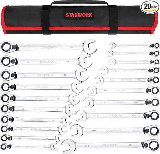 STARWORK TRUE MECHANIC™ 20 Pc. Reversible Ratcheting Combination Wrench Set, Non-Slip, Long Pattern, SAE, Metric, Professional, With Portable Roll-Up Pouch Bag…
