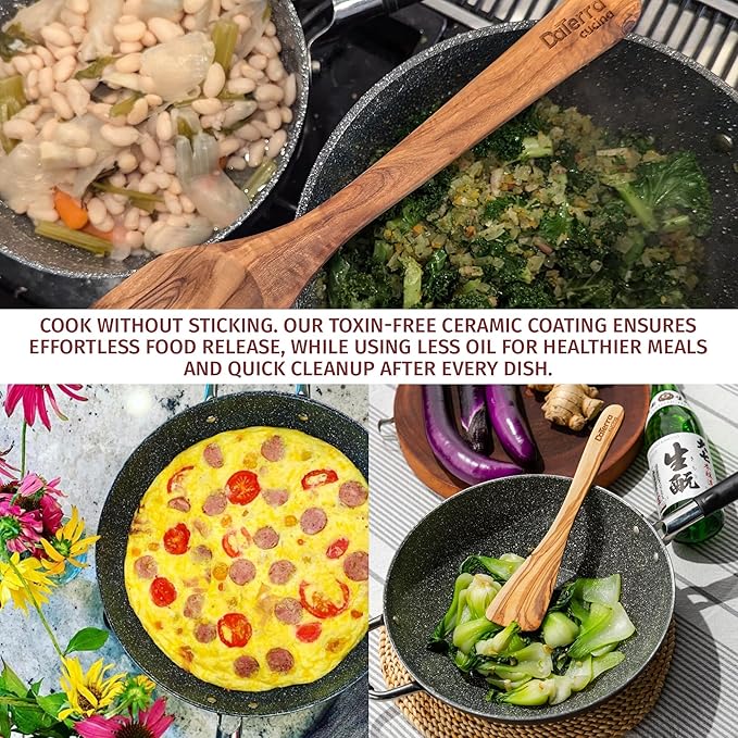 DaTerra Cucina Nonstick Dinner Party Bundle – 2.6 Qt Saucepan with Lid, 9.5" & 13" Frying Pans and 13" Wok and 8 Qt Dutch Oven with Lids, Durable Ceramic Coating, Made in Italy – Volcanic Black