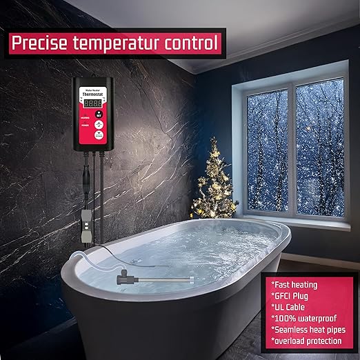 1500W Immersion Electric Submersible Water Heater with Temp Control & GFCI – Portable Heater for Inflatable Pool, Swimming Pool, Above-Ground Pool, spa, Hot Tub Baptistry & baptismal Pool