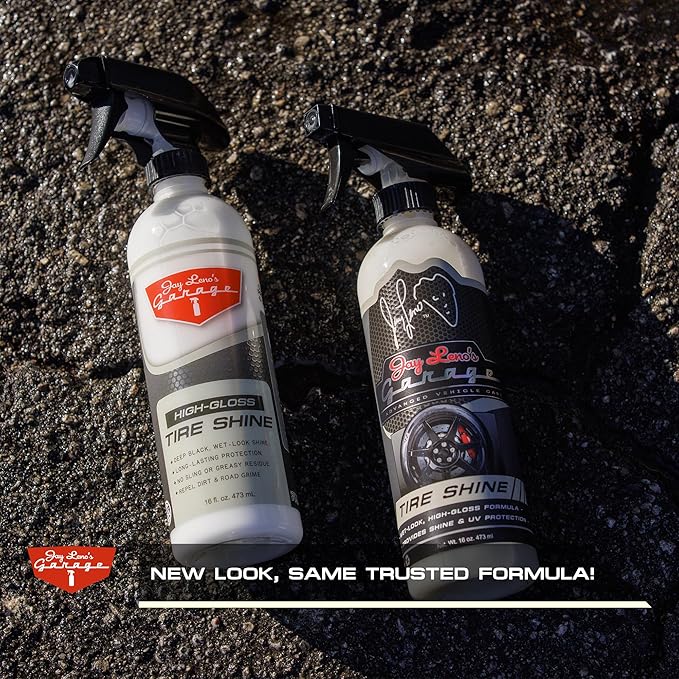 Jay Leno's Garage Tire Shine Delivers long-lasting High Gloss with a Deep Black Wet Look Glow. This Tire Dressing Spray and Car Tire Shine Work as Auto Detailing Care for Wheels and Tires – 16 oz.
