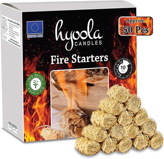Firestarters - 100% Natural Fire Starters - Easy to Use for BBQ & Grill, Campfire, Charcoal, Fire Pit. Waterproof for Indoor/Outdoor Use - No Flare Ups - 10 Minute Burn - 50 Firelighters