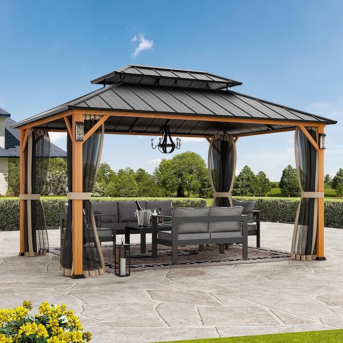 Modern Shade The Horizon Hardtop Gazebo 10' x 14' with 4 LED Lights, Permanent Outdoor Gazebo with Galvanized Steel Double Roof, Grill Pavilion with Decor Hooks, Mosquito Nettings, Wood Grain