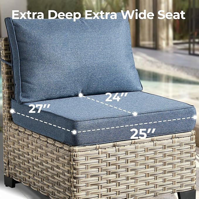HOOOWOOO Outdoor Sectional Patio Furniture Set with Fire Pit Table,9 Pieces Wicker Conversation Sets,Extra Deep Out Door Sofa Outside Furniture Couch Swivel Chairs Ottoman,Denim Blue