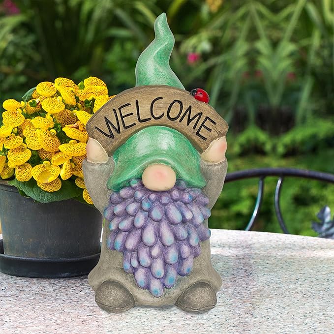 Alpine Corporation QWR1470 Gnome with Green Hat Holding “Welcome” Sign, Stylish Décor for Garden, Patio, & Pathway, 15" H