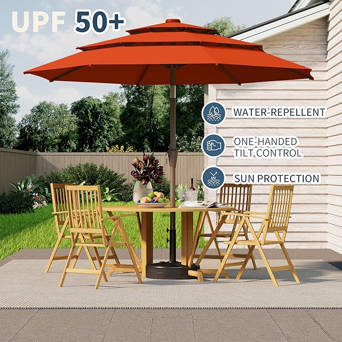 9FT 3 Tiers Patio Umbrella With Auto Tilt and Crank, Outdoor Table Market Umbrella with 8 Sturdy Ribs for Garden,Lawn,Deck,Backyard and Pool,Orange