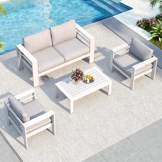 Solaste Outdoor Aluminum Furniture Set - 4 Pieces Patio Sectional Chat Sofa Conversation Set with Table,White