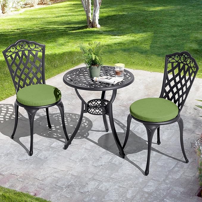 NUU GARDEN 3-Piece Patio Bistro Set Outdoor Cast Aluminum Bistro Table and Chairs Set of 2, Outdoor Patio Bistro Set with Umbrella Hole and Green Cushions for Porch, Garden, Black