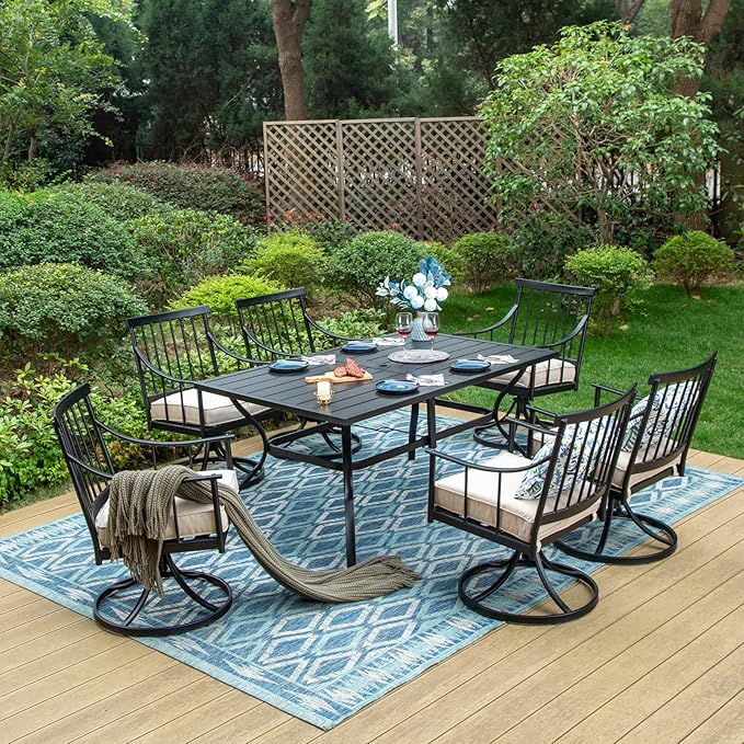 MFSTUDIO 7 Piece Patio Dining Sets, 6 Swivel Chairs with Removable Cushions and 1 Large Rectangle Metal Table with1.57” Umbrella Hole