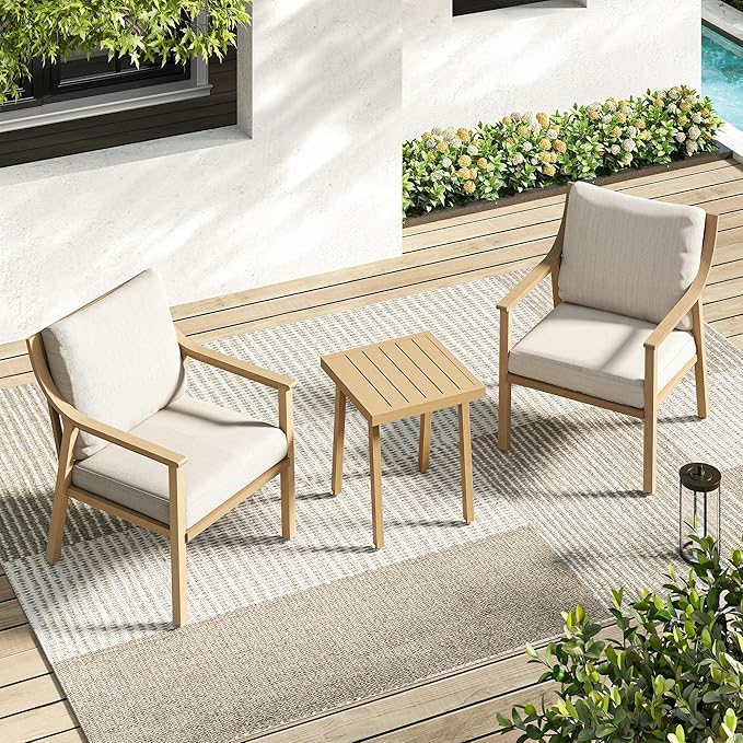 3-Piece Patio Conversation Bistro Sets, Outdoor Aluminum Bistro Sets with Thick Cushion, Modern Side Table and Chairs Set of 2, Rustproof and Waterproof for Porch Deck Garden, Beige