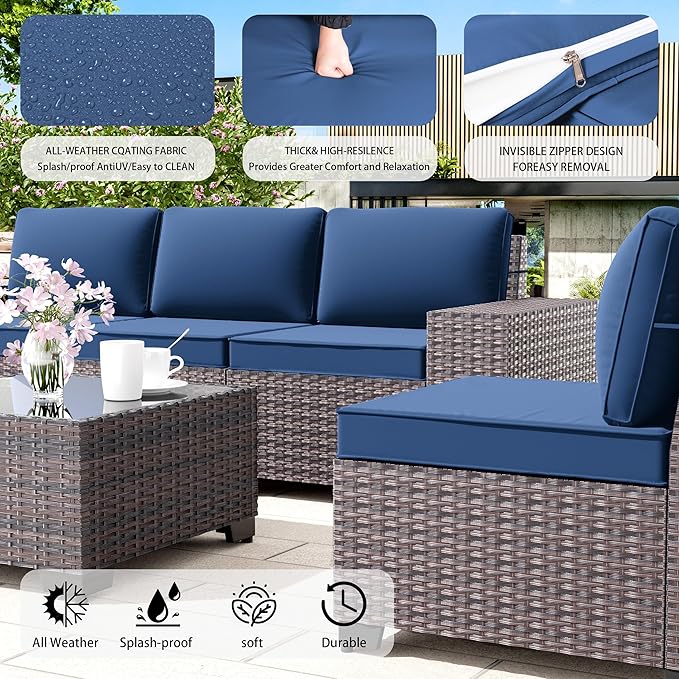 Outdoor Patio Furniture Set, 12 Pieces Outdoor Furniture All Weather Patio Sectional Sofa PE Wicker Modular Conversation Sets with Coffee Table,10 Chairs & Seat Clips Dark Blue