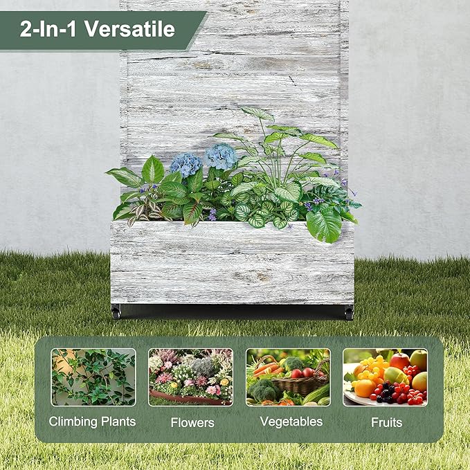 Metal Planter Boxs with Trellis & Wheels for Outdoor Plants, Vines, Large Raised Garden Beds with Drainage Holes for Patio (35" L, Gray Oak Grain)