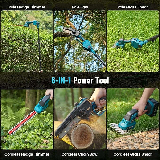 SEESII 6-in-1 Cordless Pole Saw & Hedge Trimmer Combo, Electric Mini Chainsaw with 2×4.0 Ah Batteries, Extendable Tree Pruner, Bush Trimmer Limb Branch Cutter, Grass Shears, 15Ft Long Reach