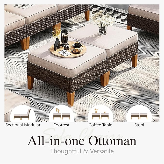 Sophia & William Outdoor Wicker Sectional Sofa Set, Half Moon Curved Patio Furniture Set with Ottman, High Back Rattan Patio Conversation Set for Outside, Deck, Garden(Beige, 9 Piece)