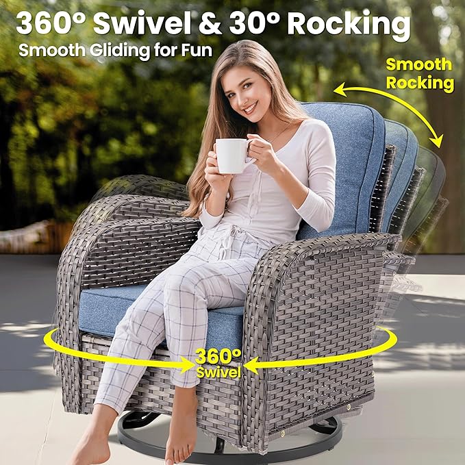 ovios 6 Pieces Patio Furniture Set, Outdoor Wicker Sofa Couch with Rocking Swivel Chairs Comfy Cushions, Modern Deep Seat Rattan Conversation Sets for Porch Deck, Denim Blue
