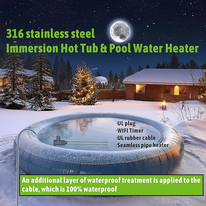 1800W Submersible Immersion Water Heater for Pool & Hot Tub – Portable Electric Heater with Wifi Timer and Auto Shut Off for Bathtub, Inflatable Pool, Above Ground Pool& baptismal pool