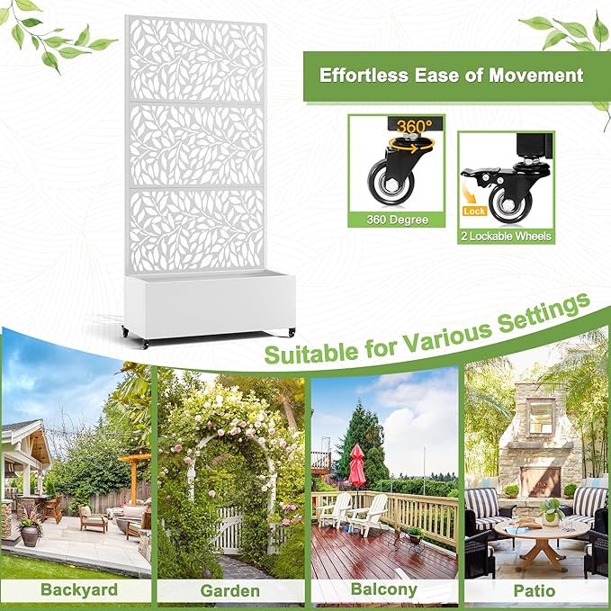 FENCY Metal Raised Garden Bed with Wheels and Trellis,73"x35"x16" Planter Box for Climbing Plants, Vegetables & Vines, Features Privacy Screen and Drainage Holes (White-Leaf-2)