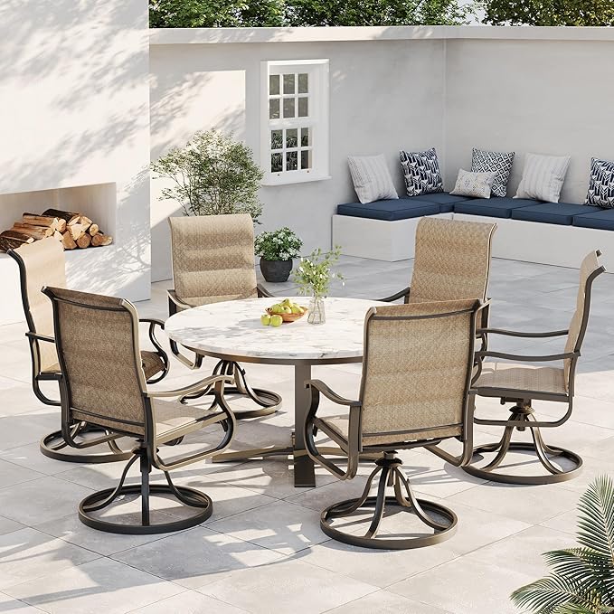 Patio Swivel Chairs Set of 2, Outdoor Dining Chairs with High Back, All-Weather Swivel Rocker Chair for Lawn, Porch or Garden (Padded Brown)