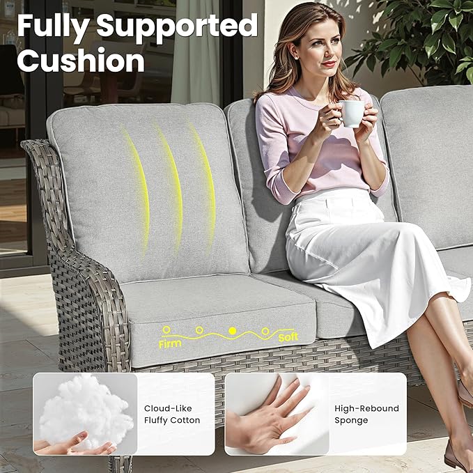ovios 6-Pieces Patio Furniture Set with Swivel Chairs, Outdoor Wicker Sofa Couch Gliders Rocker Comfy Cushions, High Back Modern Conversation Set, Grey Rattan, Grey