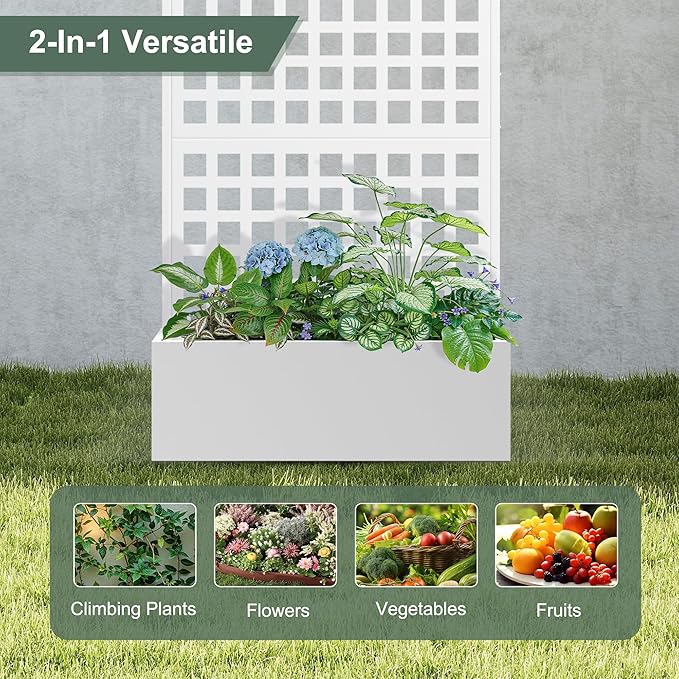 Metal Planter Box with Trellis, Raised Garden Bed for Climbing Plants, Privacy Screen with Garden Boxes，Drainage Hole for Vegetables, Flowers, Vines (35" L×16" W×71" H, White)