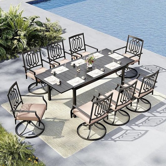 MFSTUDIO Patio Table and Chairs Set, Patio Dining Set for 8 Persons, 9 Piece Outdoor Dining Set with Swivel Chairs, Metal Outdoor Patio Furniture Set for Deck Backyard Poolside Garden