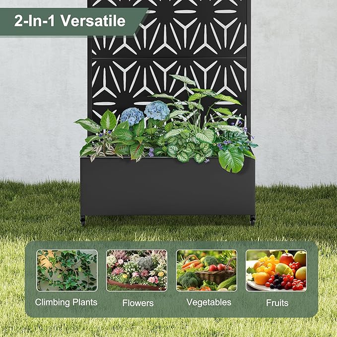 Metal Standing Planter Box with Trellis & Wheels, Raised Bed with Privacy Screen for Garden, 35"L Outdoor Garden Boxes with Drainage Holes for Climbing Plants, Flowers, Vines (Black Star)