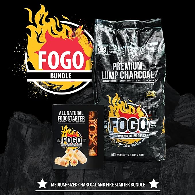 FOGO Premium Hardwood Lump Charcoal, Natural Medium and Small Sized Lump Charcoal 17.6 Pound Bag and FOGO Fogostarters Natural Fire Starters, 30 Count Box, Bundle