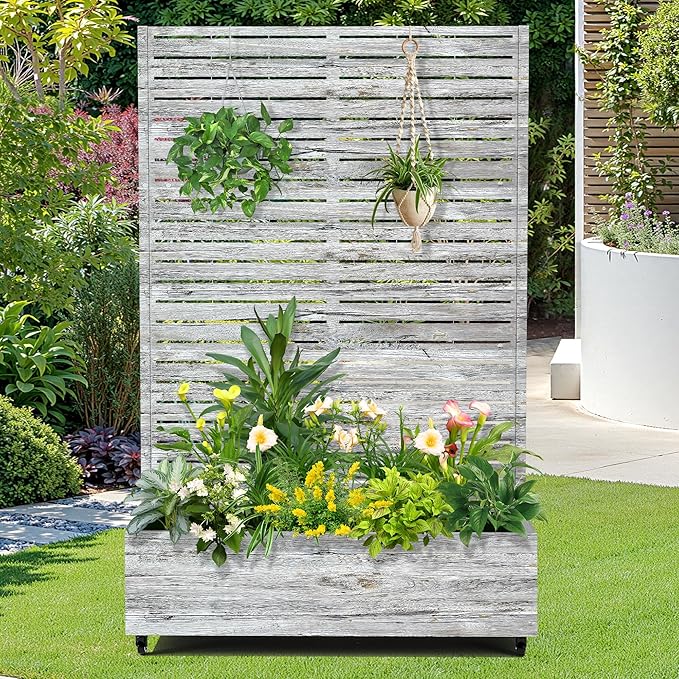 FENCY Metal Raised Garden Bed with Wheels and Trellis,73"x47"x16" Planter Box for Climbing Plants, Vegetables & Vines, Features Privacy Screen and Drainage Holes (White Wood Color)