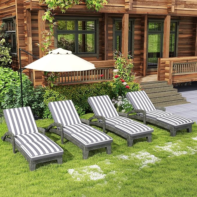 Patio Chaise Lounger Set of 4, Outdoor Lounger Patio Chairs, Heavy Duty Lounge Chairs Outdoor, Chaise Lounges for Resort, Backyard, Deck, Poolside, Garden, Grey Stripe