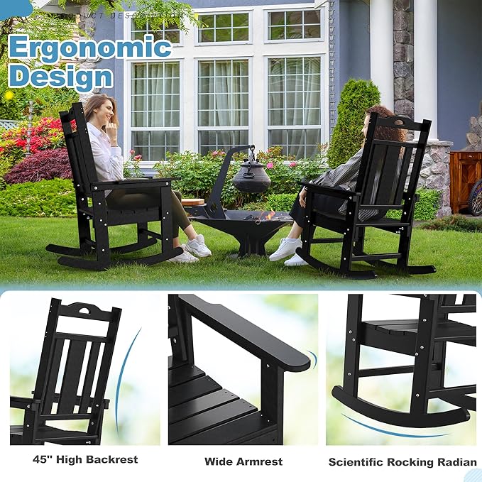 nalone Outdoor Rocking Chair, HDPE All Weather Resistant Rocking Chair for Porch, Oversized Patio Rocker Chair for Adult, Outdoor Rockers for Garden Lawn