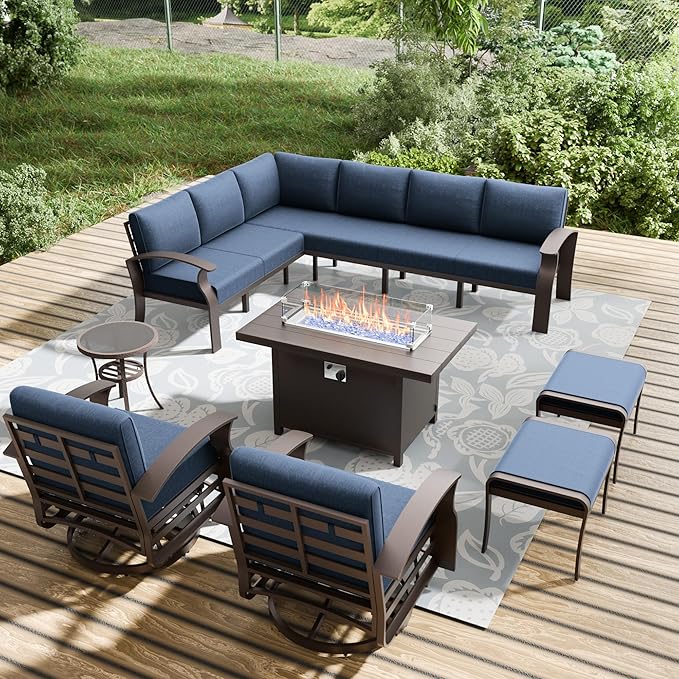 10-seat Aluminum Patio Furniture Set with Fire Pit Table, L-Shaped Sectional Sofa with 5.1" Cushions, High Backrest & 2 Footstools, Durable Outdoor patio Furniture Set, Backyard, Poolside - Blue