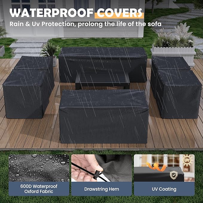 Amopatio Aluminum Patio Furniture Set, 10 Pieces Modern Patio Conversation Sets, Outdoor Sectional Metal Sofa with Coffee Table for Balcony, Garden, Dark Grey (Included Waterproof Covers)