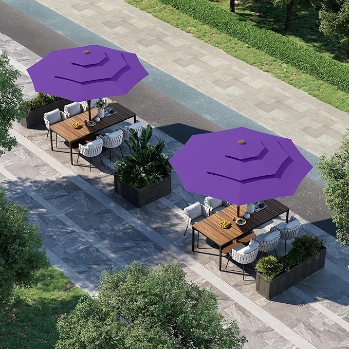 9FT 3 Tiers Patio Umbrella With Auto Tilt and Crank, Outdoor Table Market Umbrella with 8 Sturdy Ribs for Garden,Lawn,Deck,Backyard and Pool,Dark Purple