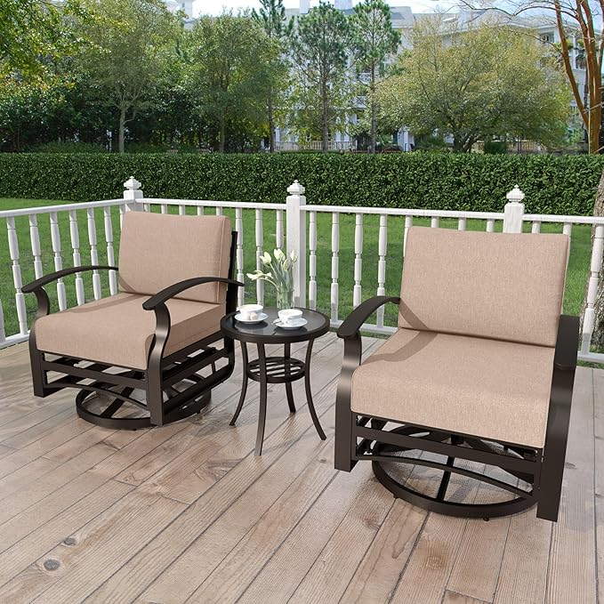 Kurapika 3 Pieces Patio Furniture Set, Outdoor Aluminum Swivel Gliders Rocker, Patio Bistro Set Rocking Chair with Tempered Glass Side Table and Thickened Cushions for Porch Garden Deck (Sand)