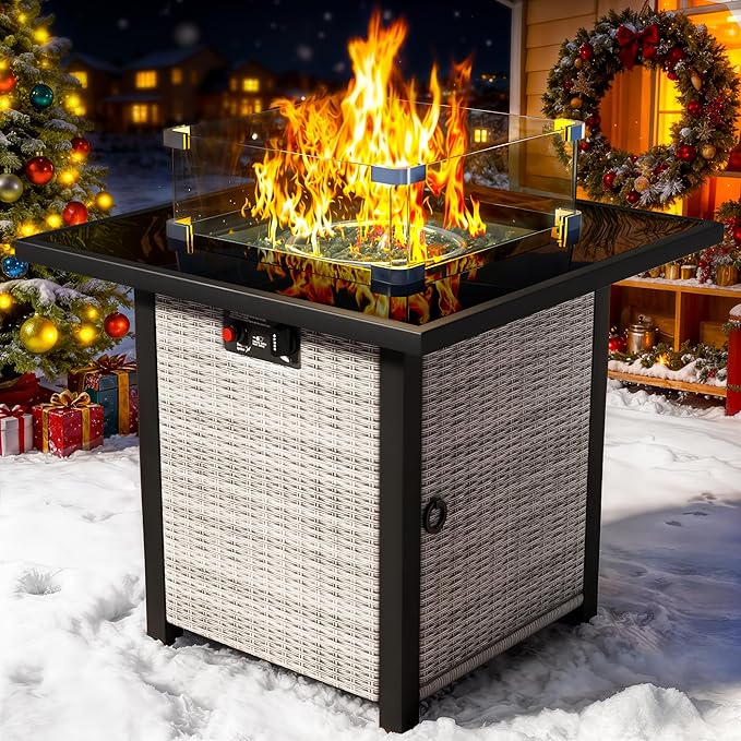 Propane Fire Pit Table, Outdoor Fire Pit Table, 28" Rattan Square Outdoor Gas Fire Pit with Glass Wind Guard, Tempered Glass Tabletop, Lid, CSA Listed, 50,000 BTU for Outside Patio Deck & Garden