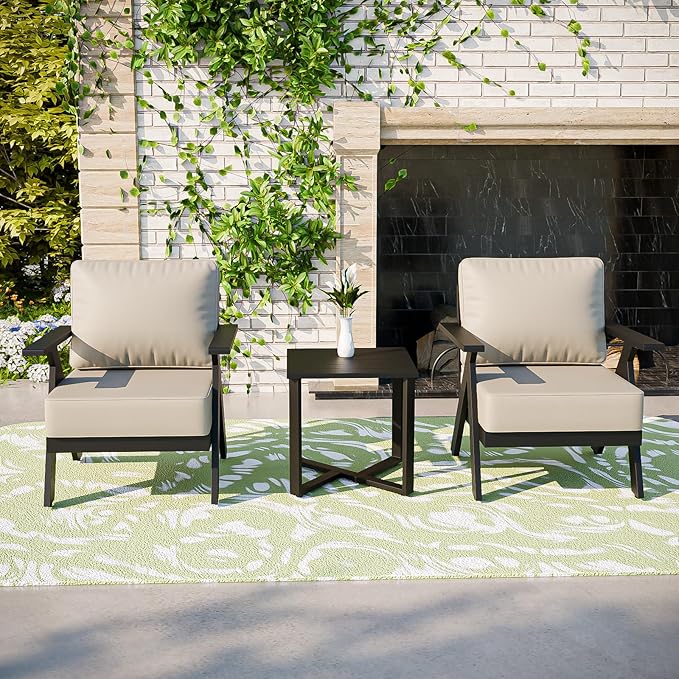 COOS BAY Iron Luxe Modern 3 Piece Outdoor Bistro Set, Patio Chairs and Side Table, Outdoor Seating Set for Balcony, Deck, Porch, or Garden, Black/Beige