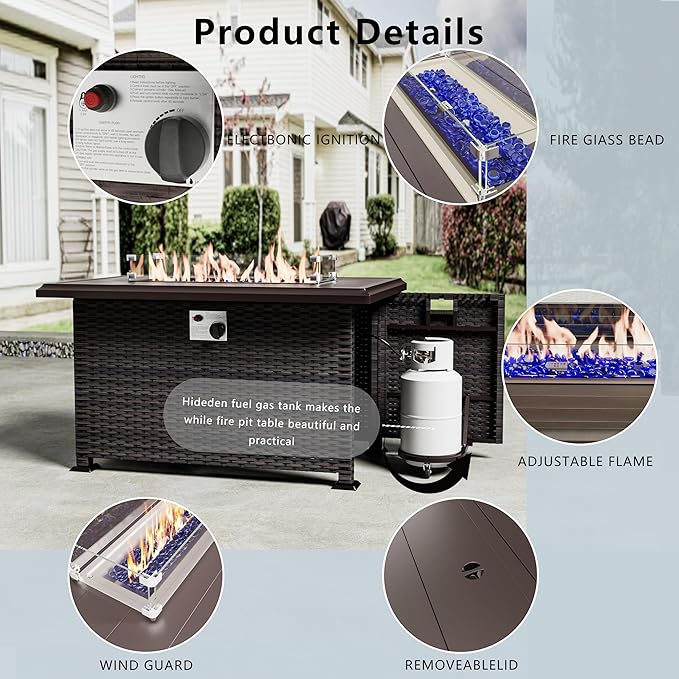 Outdoor Patio Furniture Set with Gas Fire Pit Table, 13 Pieces Outdoor Furniture Set Patio Sectional Sofa w/43in 55000 BTU Propane Fire Pit, PE Wicker Rattan Patio Conversation Sets - Teal