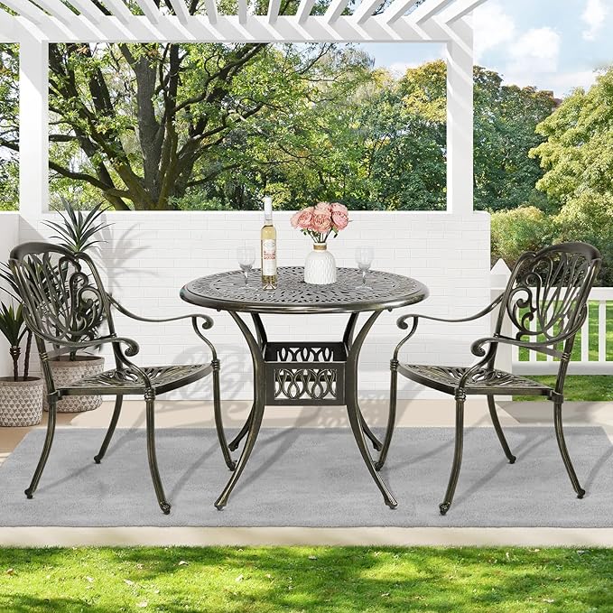 MEETWARM 3 Piece Patio Bistro Set, Outdoor All-Weather Cast Aluminum Dining Furniture Set Includes 2 Chairs and a 35.4” Round Table with Umbrella Hole for Garden Deck