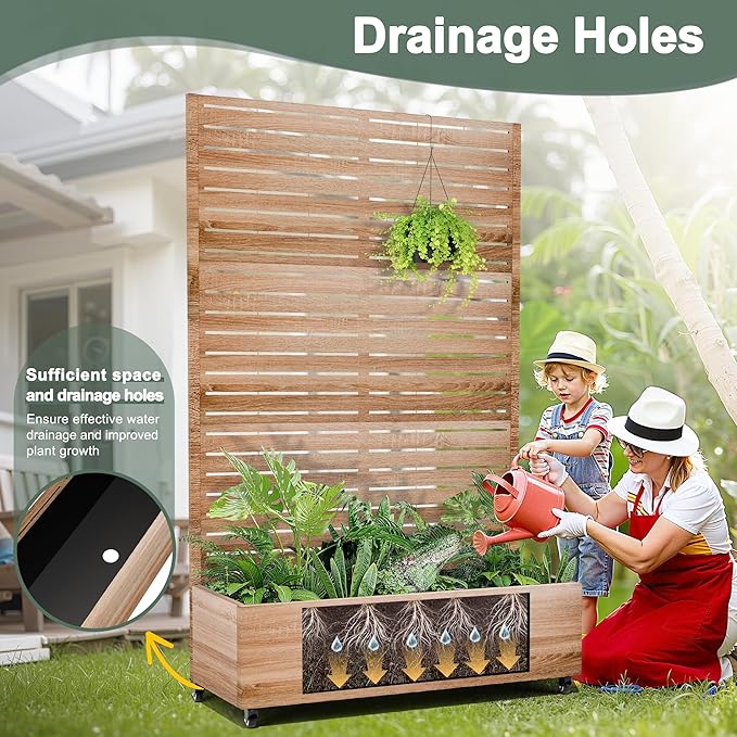 Metal Planter Box with Trellis Privacy Screen, Outdoor Raised Garden Beds with Wheels & Drainage Holes (47" L, Brown Oak Grain)