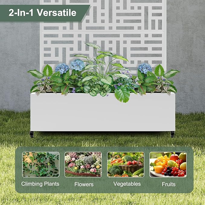 Large Raised Garden Beds with Trellis & Wheels, Metal Planter Box with Privacy Screen for Climbing Plants Vegetables, Fruits, 47"L Garden Boxes Outdoor with Drainage Holes (White Street)