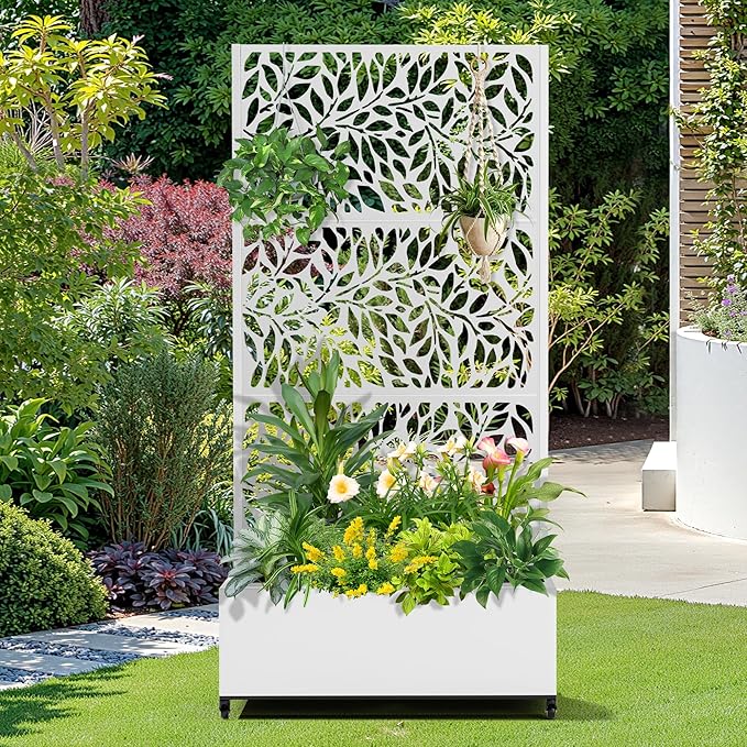 FENCY Metal Raised Garden Bed with Wheels and Trellis,73"x35"x16" Planter Box for Climbing Plants, Vegetables & Vines, Features Privacy Screen and Drainage Holes (White-Leaf-2)