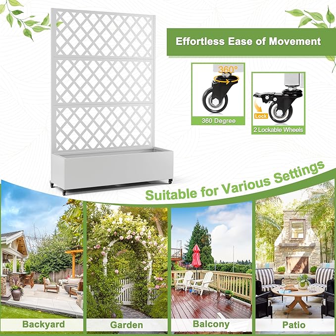 FENCY Metal Planter Box with Diamond Lattice Trellis Planter Box for Climbing Plants/Vines, Galvanized Raised Garden Bed On Wheels, Garden Bed with Trellis(73"x47" White)