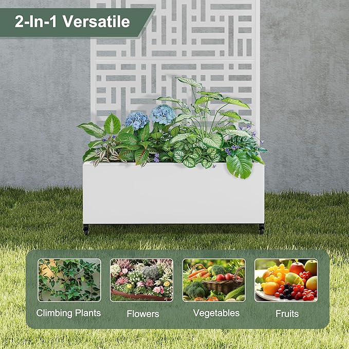 Metal Raised Garden Bed with Trellis Privacy Screen for Outdoor Plants, Planter Box with Wheels for Patio, 35"L×16"W×71"H Privacy Planters for Climbing Vegetables, Flowers, Fruits (White Street)