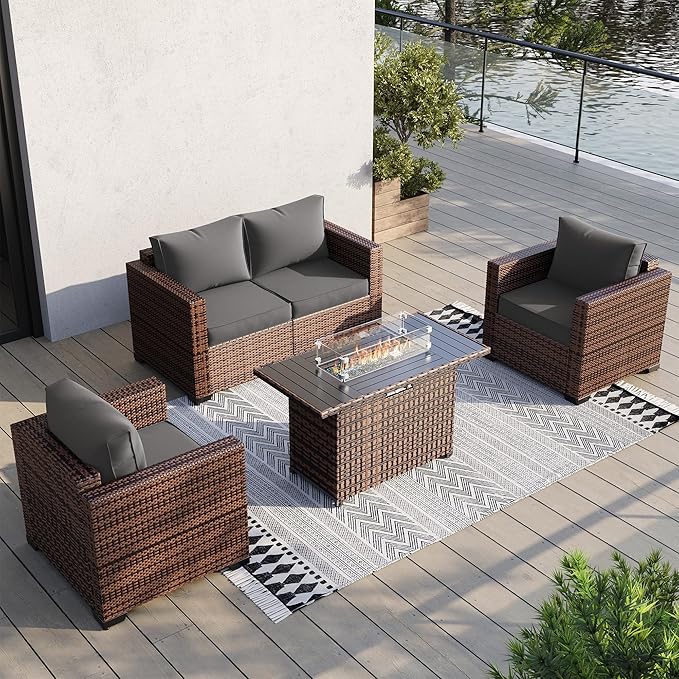 UDPATIO Patio Furniture Set with 44" Fire Pit Table, 4 Pieces Outdoor Furniture Sets, Wicker Rattan Patio Conversation Sets with Outdoor Sofa Waterproof Covers for Porch Deck Backyard, Grey