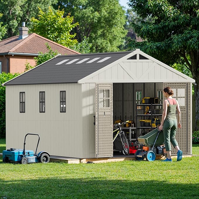 Patiowell 10 x 16 FT Outdoor Storage Shed, Plastic Shed with Floor and Skylight, Resin Storage Shed with Four-Window and Lockable Door for Garden, Patio, Backyard, Beige