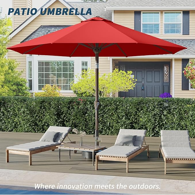 PatioKingdom 10FT Patio Umbrella with Push Button Tilt and Crank, Outdoor Market Umbrella with 8 Fiberglass Ribs, UV Protection Table Umbrella for Pool,Backyard,Garden,Deck(Red, 10FT)